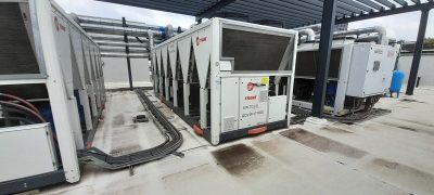Three of the Trane Chillers situated closest to the plantrooms – 2 heat pump chiller units and 1 heat recovery unit.
