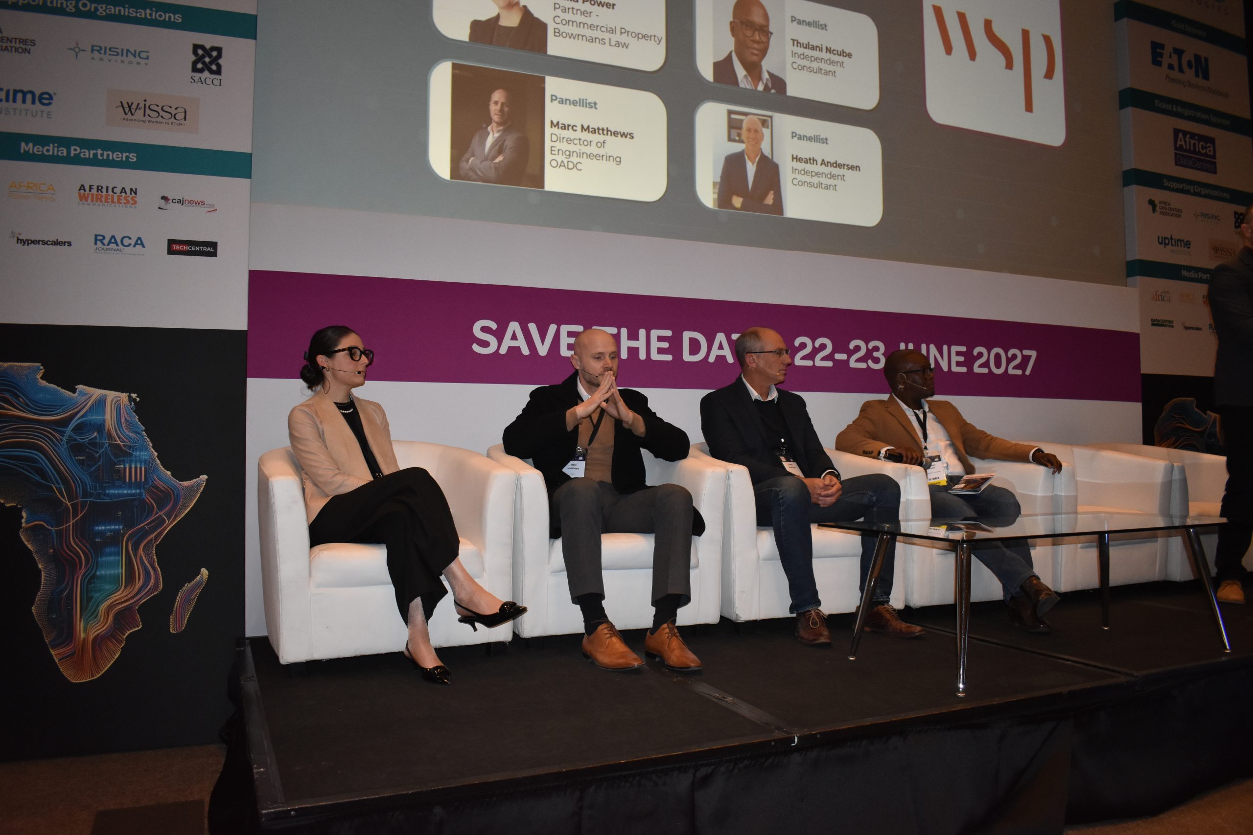 Moderated by Marlo Walters, technical director and data centre lead at WSP, the discussion brought together Marc Matthews, director of engineering at Open Access Data Centres (OADC), Julia Power, partner in commercial property at Bowmans, Thulani Ncube, an independent energy strategy consultant, and Heath Andersen of DC Design Africa. © RACA Journal